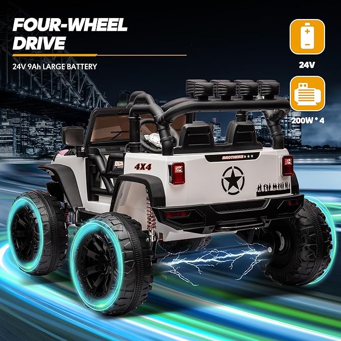 24V 9Ah Ride on Toy for Big Kids, 4WD 2 Seater Ride on Car Truck with Remote Control, 4x200W Motor - White-BubblyBeeBaby