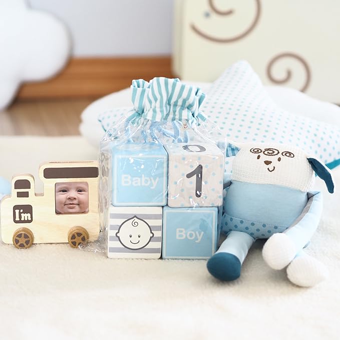 I'm Solid Wood Monthly Weekly Yearly Milestone Age Blocks, Newborn Gifts & Keepsakes for Picture Props (4 Pcs/Blue)-BubblyBeeBaby