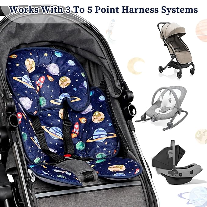 Pea Pod Baby Car Seat Head Support for Newborn, 2 in 1 Infant Car Seat Head Body Support for Boys Extra Soft Breathable Baby Car Seat Cushion Insert for Strollers, Swings, and Bouncers, Blue Space-BubblyBeeBaby