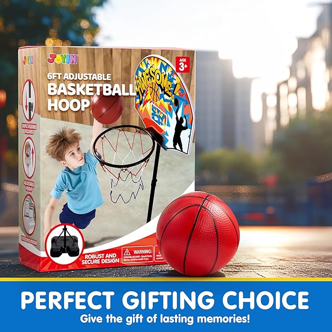 JOYIN Kids Basketball Hoop, Adjustable Height 2.8 ft-6.2 ft Toddler Basketball Hoop for Kids Indoor Outdoor Play Portable Basket Ball for Boys Girls Age 3 4 5 6 7 8 Gift-BubblyBeeBaby