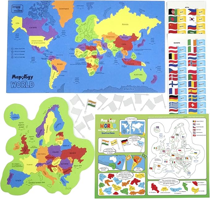 Imagimake Mapology USA & World Map Puzzle with Flags, Capitals, Stickers | Educational Toys for Ages 5-7 | Jigsaw Puzzles for Kids Ages 8-10 | Geography Toys for Ages 8-13 | 6 Year Old Boy/Girl Gifts-BubblyBeeBaby