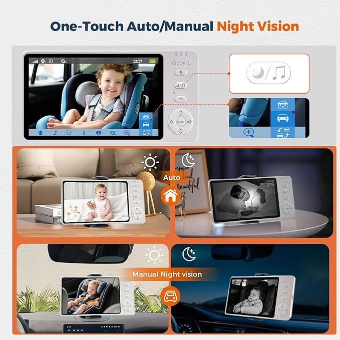 Wireless Baby Car Camera Monitor 5" HD 1080P IPS, 360° Rotating Camera with Auto/Manual Night Vision, 1000ft Range, Anti-Glare Display & USB Charging for Backseat, Home, Travel，Camping-BubblyBeeBaby