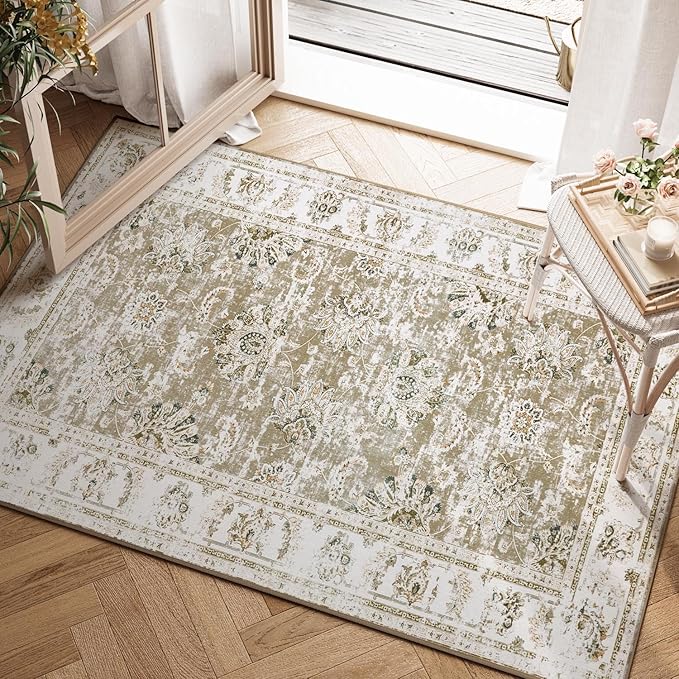 jinchan Floral 2x3 Rugs for Entryway - Vintage Washable Small Non-Slip Distressed Indoor Doormat Ultra-Thin Low-Pile Accent Rug for Entrance Kitchen Bedroom Bathroom (2x3ft,Taupe)-BubblyBeeBaby
