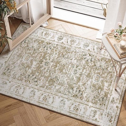 jinchan Floral 2x3 Rugs for Entryway - Vintage Washable Small Non-Slip Distressed Indoor Doormat Ultra-Thin Low-Pile Accent Rug for Entrance Kitchen Bedroom Bathroom (2x3ft,Taupe)-BubblyBeeBaby