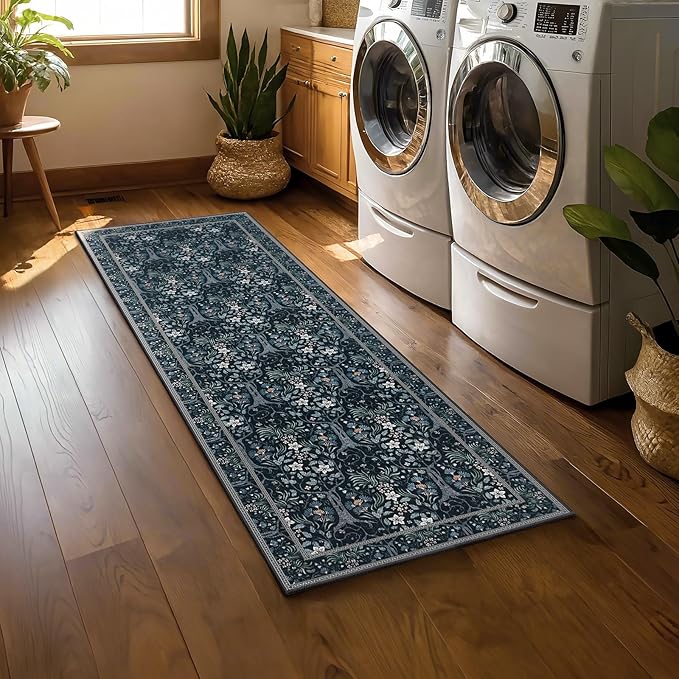 Joydeco Floral Washable Runner Rug for Kitchen, Forest Hallway Rug Runner 2x6 Non Slip, Boho Botanical Ultra-Thin Soft Indoor Floor Throw Carpet for Bathroom Entryway Foyer, Blue-Black-BubblyBeeBaby