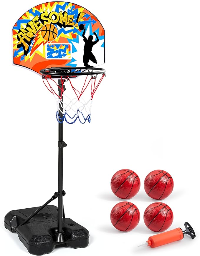JOYIN Kids Basketball Hoop, Adjustable Height 2.8 ft-6.2 ft Toddler Basketball Hoop for Kids Indoor Outdoor Play Portable Basket Ball for Boys Girls Age 3 4 5 6 7 8 Gift-BubblyBeeBaby