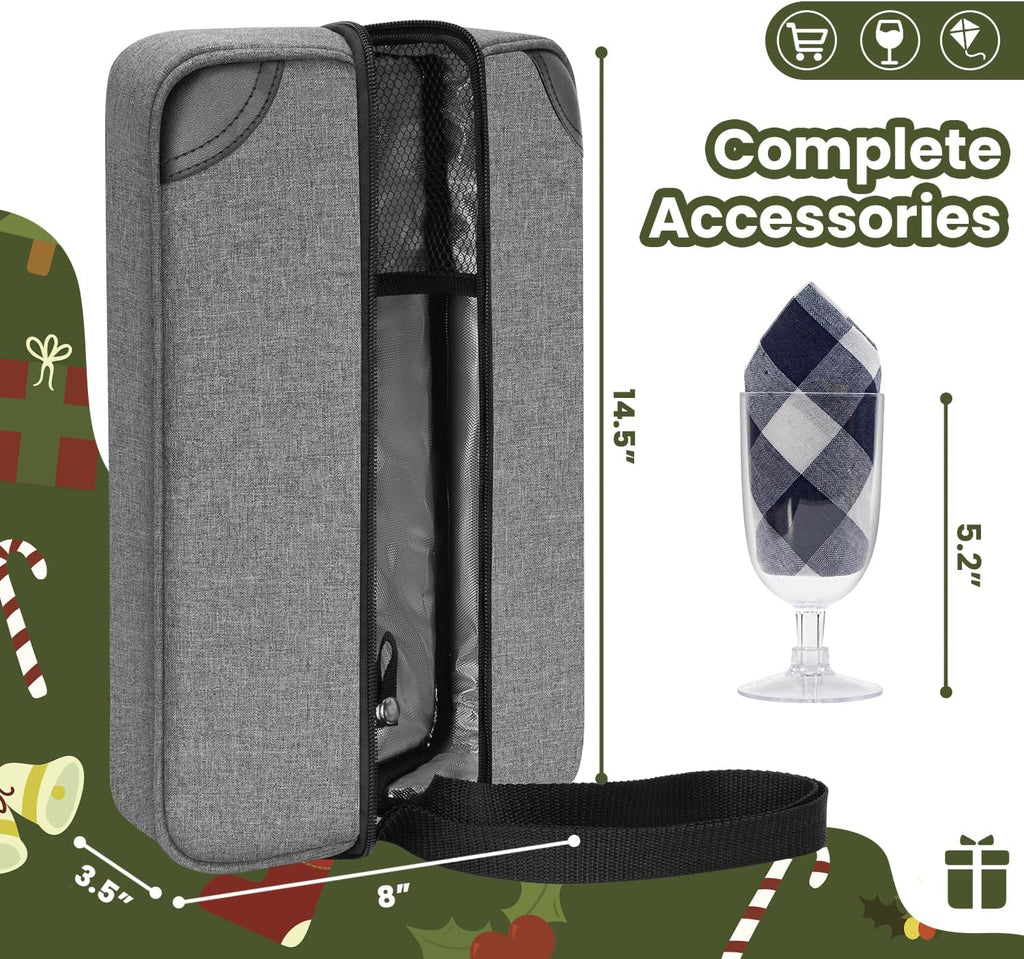 ALLCAMP Wine Bag - Insulated Cooler Bag with Wine Glasses, Bottle Opener & Wine Accessories for Wine Lovers - Portable Wine Gift Bag for Travel, Picnics, and Gift Ideas(Gray)