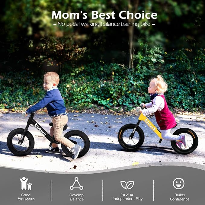 12" Balance Bike for 2, 3, 4, 5 Year Old Boys and Girls, Lightweight Nylon Frame Toddler Training Bike No Pedal Bikes for Kids with Adjustable Seat and Air Tires-BubblyBeeBaby