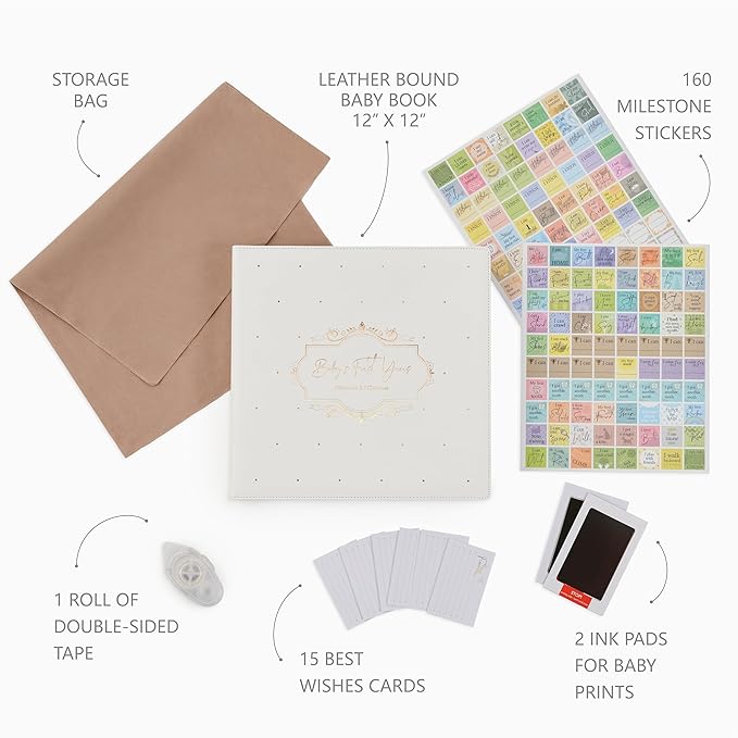 Keepsake Baby Memory Book Girl Boy – Timeless Leather-Bound Baby Milestone Book – Baby Book Keepsake Record First 5 Years – Gender Neutral Baby Scrapbook Album Baby Album Journal Registry Search Gift-BubblyBeeBaby