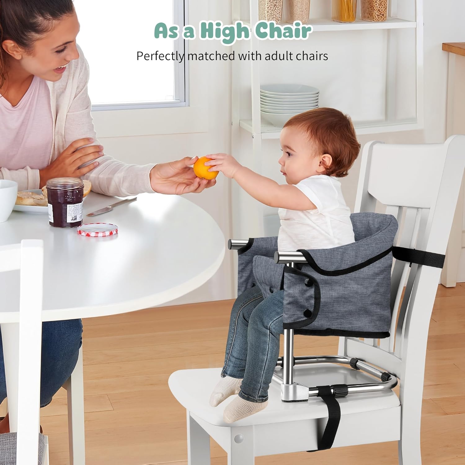 Booster Seat for Dining Table: Portable Toddler Booster Chair with Safety Buckle and Height Adjustable, Foldable Baby Feeding Chair, Kids High Chair Booster Seat for Kitchen Home Travel - Grey
