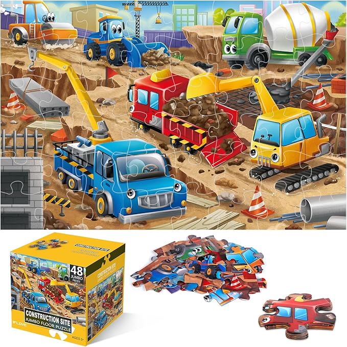 Jumbo Floor Puzzle for Kids,Construction Site Jigsaw Large Puzzles,48 Piece Construction Vehicle Puzzle for Toddler Ages 3-5,Children Learning Preschool Educational Toys,Gift for 4-8 Years Old-BubblyBeeBaby