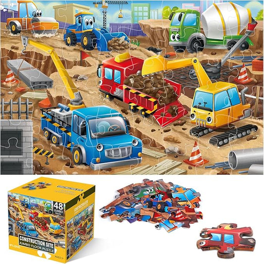 Jumbo Floor Puzzle for Kids,Construction Site Jigsaw Large Puzzles,48 Piece Construction Vehicle Puzzle for Toddler Ages 3-5,Children Learning Preschool Educational Toys,Gift for 4-8 Years Old-BubblyBeeBaby