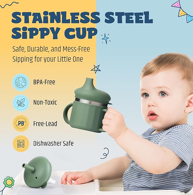 Jumble Dream Stainless Steel Sippyy Cup, Silicon Training Stainless Steel Kids Cups with Straw, Toddler Tumbler with Spill Proof Straw |6 Month Toddler Sippy Cup| BPA Free (Blue Moon) 2025-BubblyBeeBaby