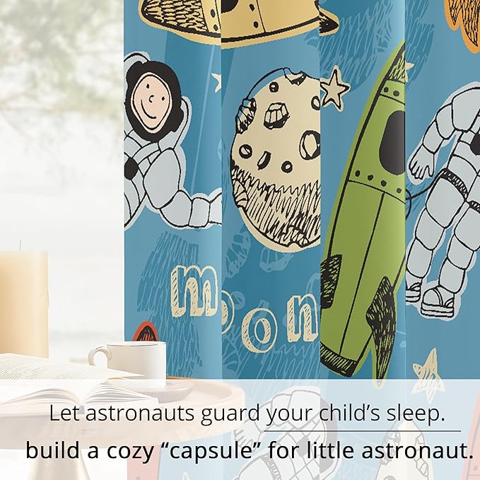 Kids Astronaut and Rocket Blackout Curtains - 100% Blackout, Thermal Insulated, Noise Reducing, Bring The Cosmos Closer to Your Kid’s Room, 2 Panels (Moonbound Adventure, W52×L63)-BubblyBeeBaby