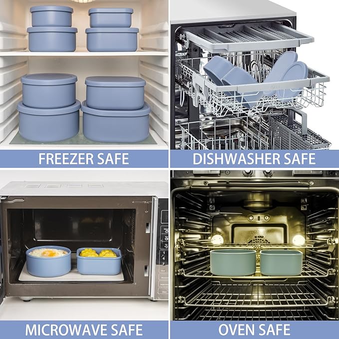 100% Silicone Food Storage Containers with Lids, 8 Pack, 10oz to 51oz, Reusable Leakproof Nesting & Stackable Silicone Bento Lunch Box, Microwave Freezer Dishwasher Oven Safe, BPA Free, Slate Blue-BubblyBeeBaby