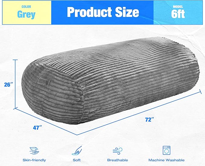 Hobestluk 6FT Bean Bag Chairs Adult Bean Bag with Portable Handle Comfy Large Bean Bag Lounge Chair with Removable Cover for Living Room Bedroom (Stripe Grey, 6FT)-BubblyBeeBaby