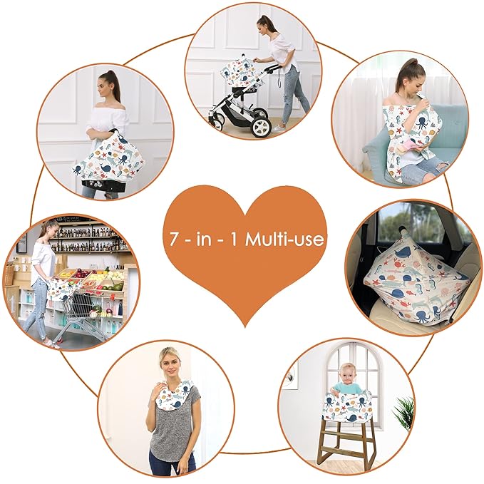 Carseat Cover Boy and Girls - Multi-use Nursing Car Seat Canopy Cover for Breastfeeding, Infant Stroller Cover, High Chair Cover (Cute Fish)-BubblyBeeBaby