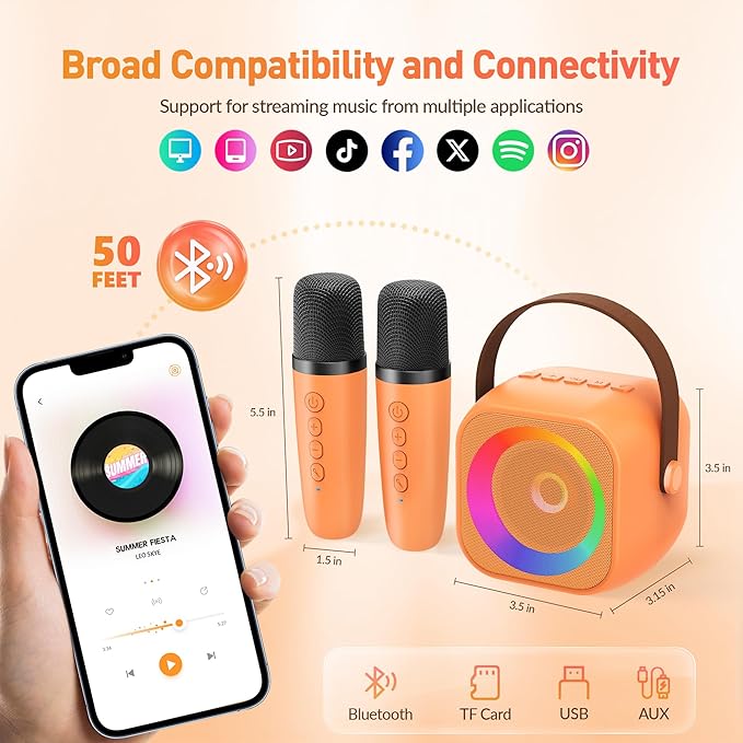 Karaoke Machine for Kids Adults: Mini Portable Karaoke Machine with 2 Wireless Microphones and Lights, Christmas Birthday Gifts for Girls Boys Family Home Party(Orange)-BubblyBeeBaby