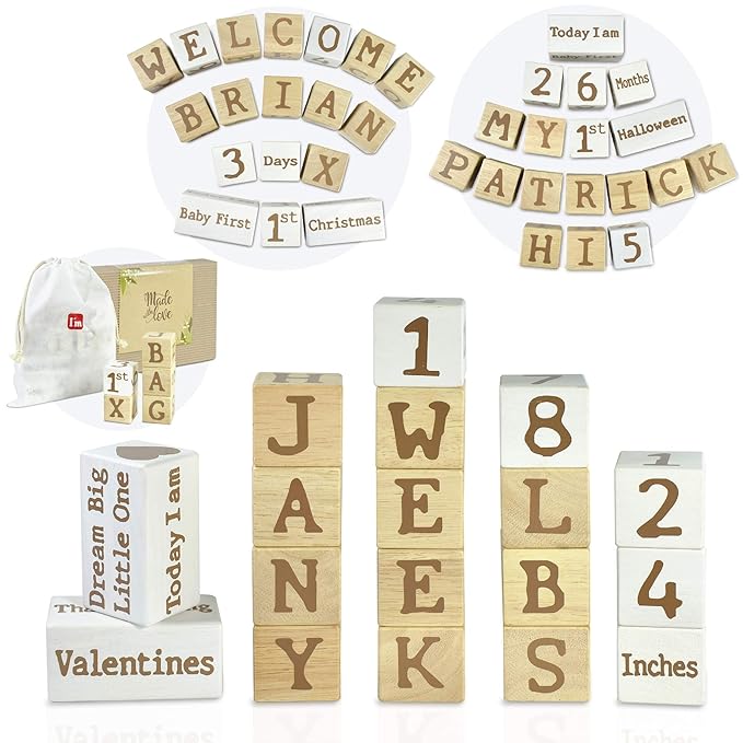 I'm Solid Wood Monthly Weekly Baby Milestone Age Blocks, Personalized Own Name, Gender Neutral, Newborn Gifts & Keepsakes for Picture Props (1.9" / 18 Pcs/Brown)-BubblyBeeBaby