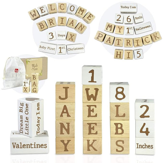 I'm Solid Wood Monthly Weekly Baby Milestone Age Blocks, Personalized Own Name, Gender Neutral, Newborn Gifts & Keepsakes for Picture Props (1.9" / 18 Pcs/Brown)-BubblyBeeBaby