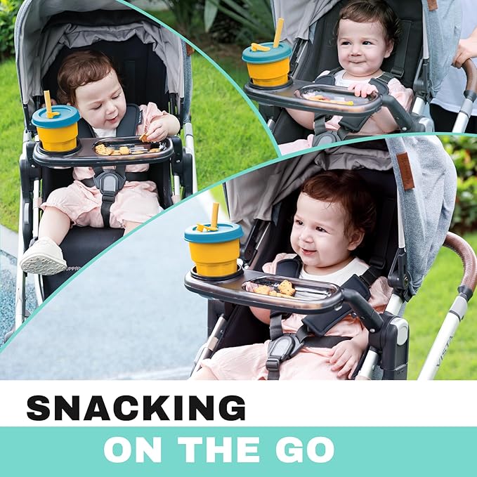 Snack Tray Fits for UPPAbaby Vista/Vista V2/Vista V3/Cruz/Cruz V2/ RumbleSeat/RumbleSeat V2, Stroller Tray with Cup Holder & Recessed Bowl, Dishwasher Safe, Quick Attachment, Folds with Stroller, Grey-BubblyBeeBaby