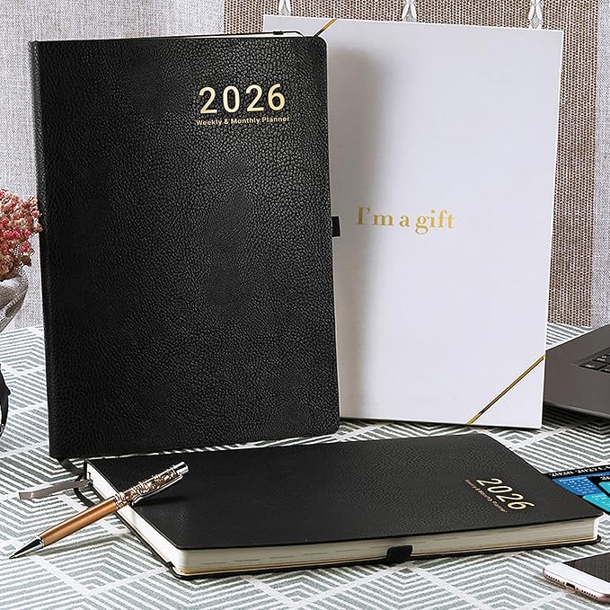 2026 Planner - JAN 2026 - DEC 2026, Planner Weekly and Monthly, Calendar Planner, 8.5" x 11", Leather Cover Planner with Thick Paper, Back Pocket with Notes Pages, Black-BubblyBeeBaby