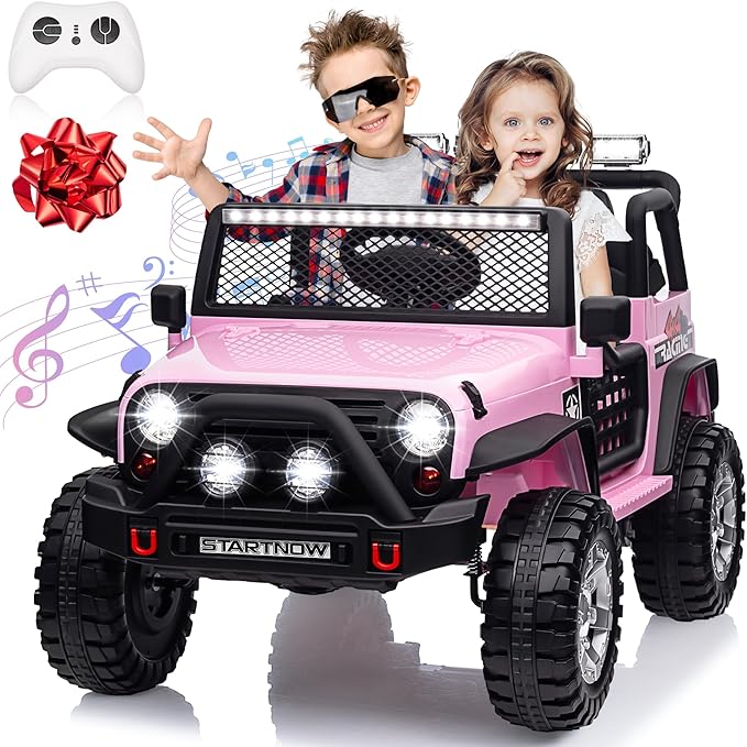 24V 4WD Ride on Truck Car w/800W Motors, Gift Flower, Remote Control, 2 Seaters, Light Bar, 3 Speeds, Pop Music, Power Four Wheels, 25 Volt Ride on Toy Car for Big Kids, Pink-BubblyBeeBaby