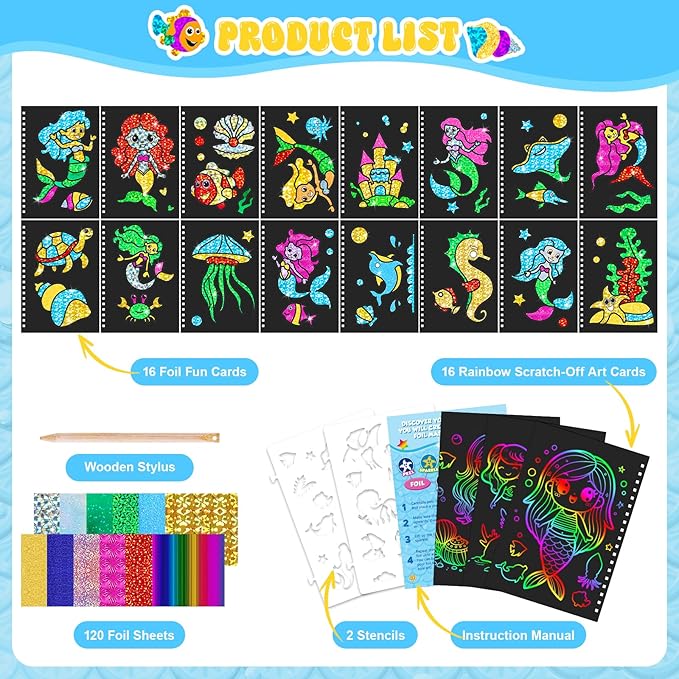 homicozy Art & Craft Activity for Kids - Foil Fun Mermaids & Scratch Art Book 2-in-1, No Mess Art Crafts for Girls,DIY Creative Activity Kit,Gifts for Girls Ages 4, 5, 6, 7, 8, 9, Travel Toys-BubblyBeeBaby