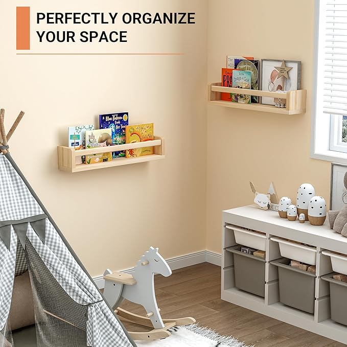 Heimlove Nursery Floating Shelves, Wood Nursery Book Shelves for Wall, 16 inch Wall Bookshelf for Kids Solid Wood Wall Mounted Shelves for Books,Toys and Decor Storage, Set of 3-BubblyBeeBaby