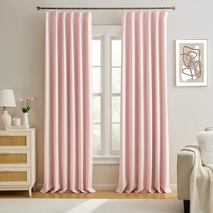 KEQIAOSUOCAI Pinch Pleated Curtains 120 Inches Long, Energy Saving Window Treatment Privacy Drapery for Living Room, Vertical Track System Elegant Hook Panels(Baby Pink, 2 Pieces, W40 x L120)-BubblyBeeBaby
