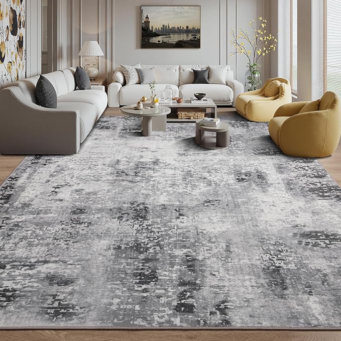 Kelarea Living Room Rug 8x10 Grey Rug Machine Washable Large Area Rugs, Non Slip Abstract Vintage Indoor Carpet for Bedroom, Nursery, Classroom, Dining Room, Home Office-BubblyBeeBaby