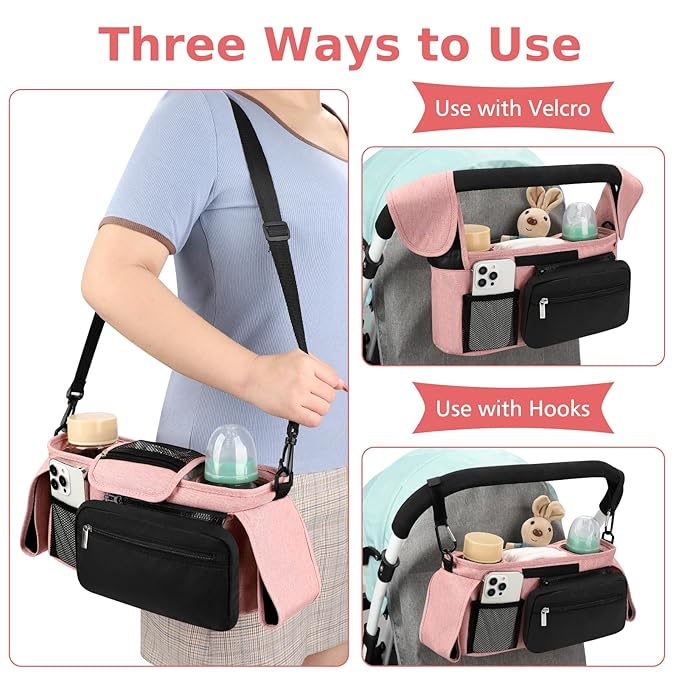 Accmor Universal Stroller Organizer with Insulated Cup Holder Detachable Phone Bag and Shoulder Strap,Stroller Bag Caddy Organizer Fits for Uppababy, Baby Jogger, Britax Strollers-BubblyBeeBaby