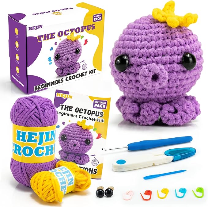 HEJIN Crochet Kit for Beginners, Beginner Crochet Kit for Adults Kids, Octopus Crochet Animal Kit Include Videos Tutorials, Yarn, Eyes, Stuffing, Crochet Hook- Boys and Girls Birthdays Gift-BubblyBeeBaby