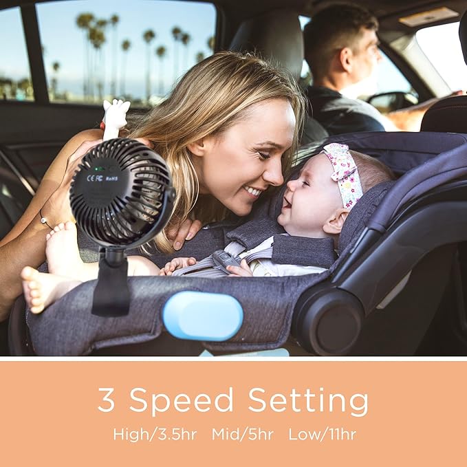 liuliuby Baby Stroller Fan with Clip | Clip On Fan for Baby Car Seat | Portable & Rechargeable with Durable Clamp | Stroller Accessories | Small Cooling USB Chargeable Battery (Jet Black)-BubblyBeeBaby
