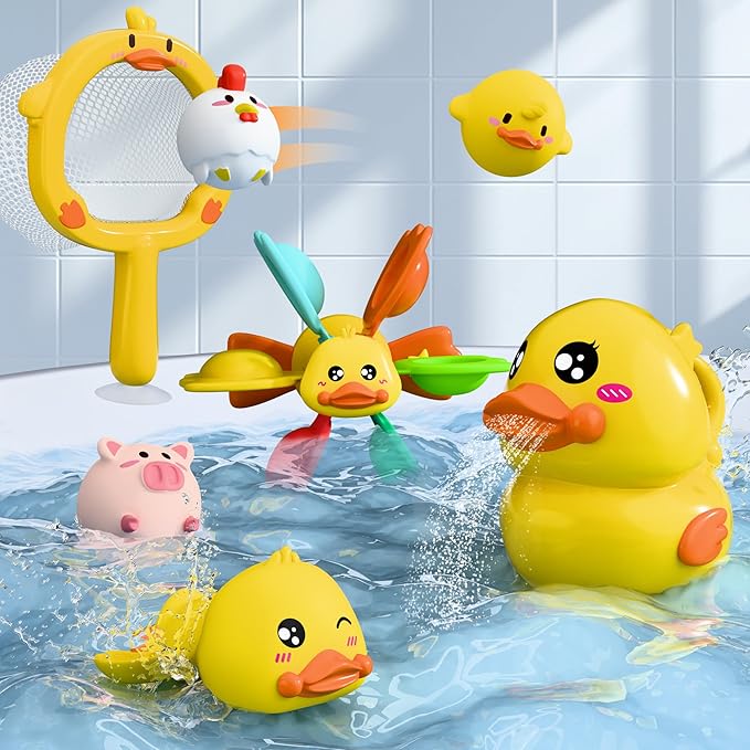 iPlay, iLearn Baby Duck Bath Toy, Toddler Bathtub Suction Water Spinner Gear, Kid Shower Fishing Game W/ Net, Light up Animal, Wind up Swimming Duck, Birthday Gift 6 9 12 Month 1 2 3 Year Old Boy Girl-BubblyBeeBaby