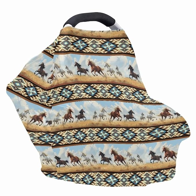 Binienty Car Seat Covers Canopy Cover for Babies, Western Aztec Horse Nursing Carseat Canopy Multifunction Breastfeeding Covers Fits Stroller, High Chair, Shopping Cart-BubblyBeeBaby