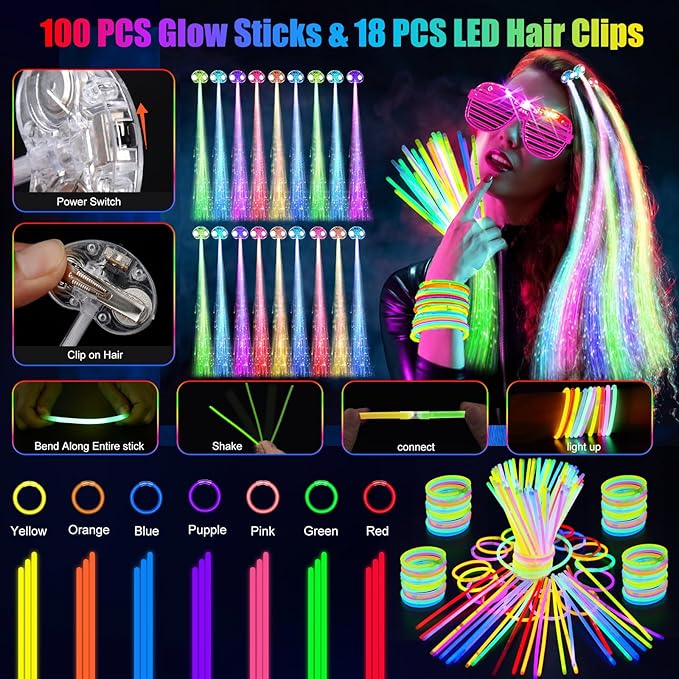 148 PCS Glow in the Dark Party Supplies, 16 Fiber Optic Wands, 14 LED Glasses, 100 Glow Sticks and 18 LED Hair Clips Fiber Optic for Neon Party, Wedding, Birthday, Concert, New Year-BubblyBeeBaby