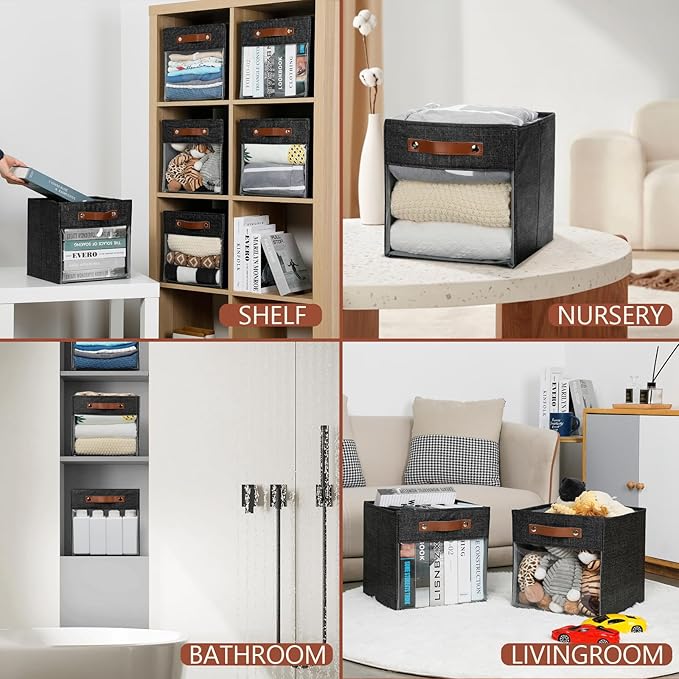 HNZIGE Fabric Cube Storage Bins 11 x 11, Collapsible Storage Cubes Bins for Storage Shelves,Foldable Cube Storage Bins for Storage, Cubby Closet Clear Bins for Storage Blanket(Prints Black 6PCS)-BubblyBeeBaby