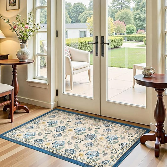 jinchan 3x5 Floral Rug for Entryway Washable Kitchen Rug Vintage Romance Design Small Mat Non Slip Indoor Doormat Lightweight Low-Profile Throw Carpet for Entrance Bathroom Laundry Room, Blue/Beige-BubblyBeeBaby