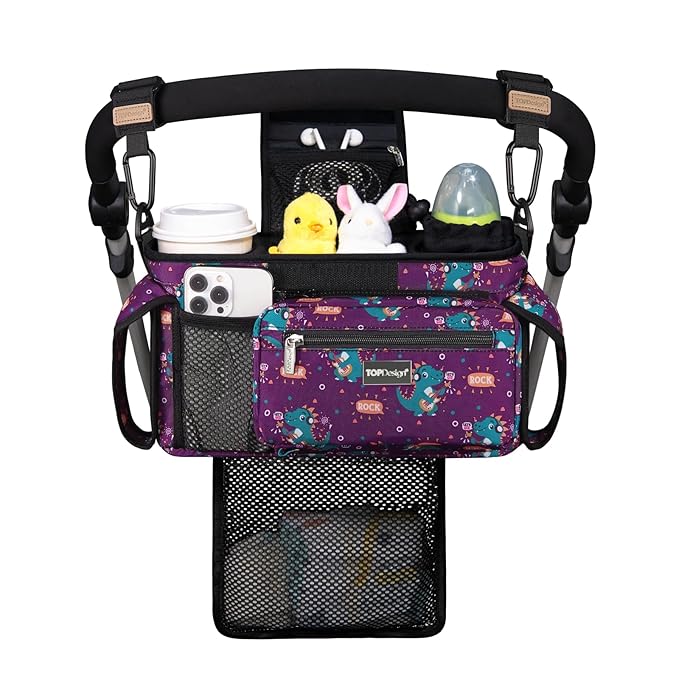 TOPDesign Universal Baby Stroller Organizer, Stroller Caddy with Detachable Mesh Bag & Heightened Insulated Cup Holders & Non-Slip Secure Hooks Accessories, Fits Most Strollers (Music Crocodiles)-BubblyBeeBaby