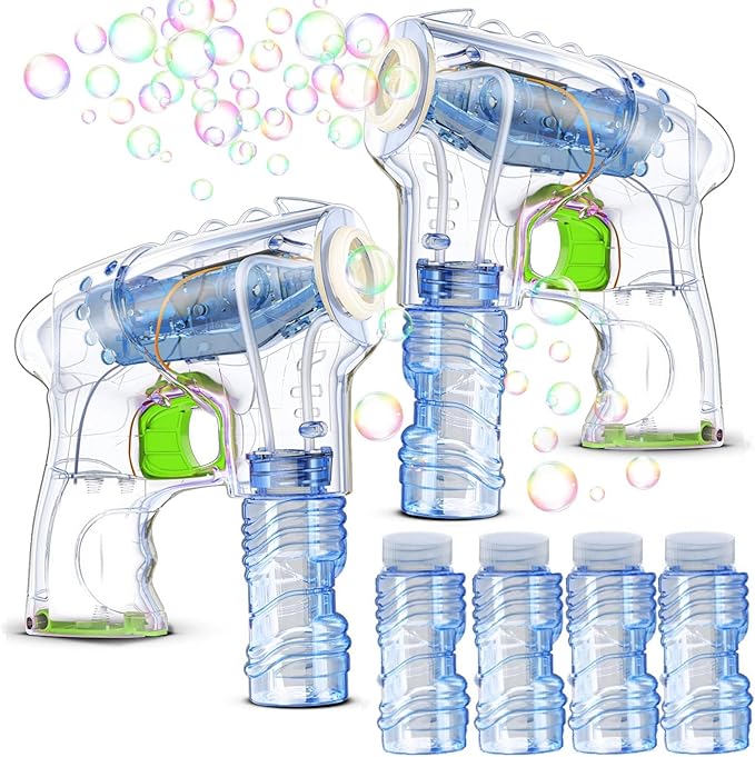 Kid Odyssey 2 Pack Bubble Gun with 4 Refill Solution and 3 Colorful LED Light, Bubble Machine for Kids, Bubble Maker for Party Favors, Birthday Gift, Indoor Outdoor Toys for Toddlers-BubblyBeeBaby