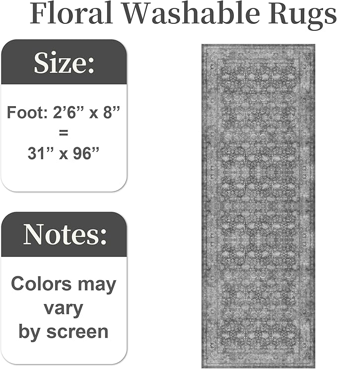 2'6"x8' Washable Runner Rug for Hallway, Non Slip Vintage Floral Long Carpet Runners for Entryway, Kitchen, Bathroom, Bedroom, Low Pile Laundry Rugs with Rubber Backing (Distressed Grey)-BubblyBeeBaby