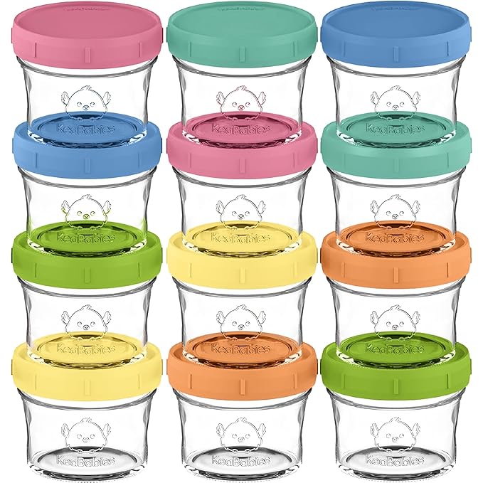 KeaBabies 12pk 4oz Glass Baby Food Containers with Lids - Leak-Proof, Microwavable Small Glass Jars, Baby Purees & Toddler Snack Storage Containers, BPA-Free, Dishwasher & Freezer Safe (Kea)-BubblyBeeBaby