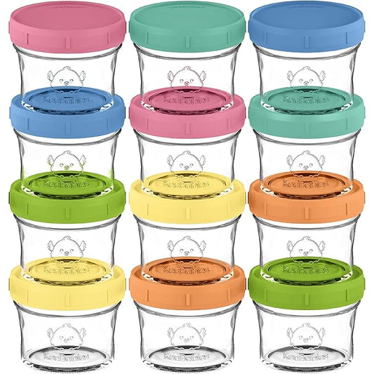 KeaBabies 12pk 4oz Glass Baby Food Containers with Lids - Leak-Proof, Microwavable Small Glass Jars, Baby Purees & Toddler Snack Storage Containers, BPA-Free, Dishwasher & Freezer Safe (Kea)-BubblyBeeBaby