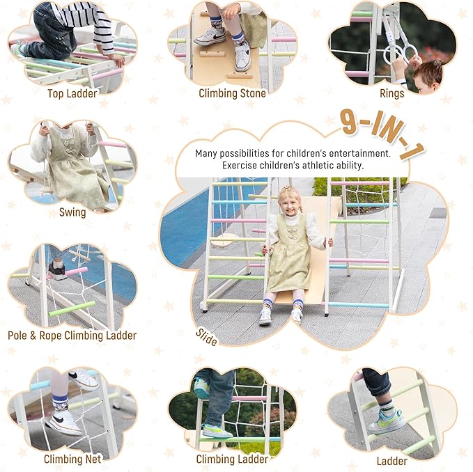 JAXPETY 9-in-1 Indoor Playground, Indoor Jungle Gym for Kids, Toddler Montessori Climbing Gym, Inside Play Gym with Slide, Swing, Monkey Bar, Ladder, Rings-BubblyBeeBaby