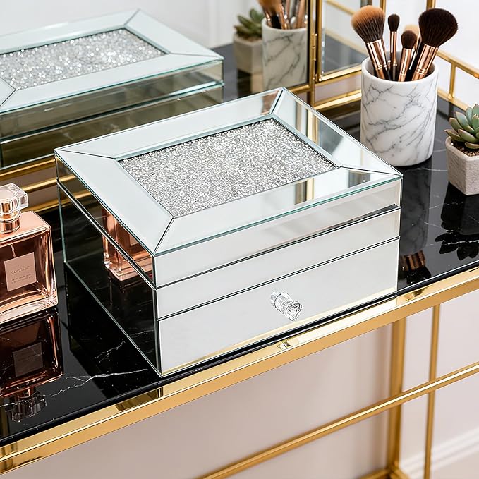 2 Layer Mirror Glass Jewelry Box with Crushed Diamond Decor, Velvet-Lined Trinket Organizer for Rings Earrings Necklaces Bracelets - Elegant Treasure Chest Storage Case for Women Girls-BubblyBeeBaby
