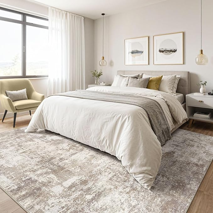 10x14 Area Rugs Living Room: Washable Large Abstract Soft Rug Stain Resistant Indoor Floor Non-Slip Accent Carpet for Women Modern Home Enthusiasts Aged 25-45 - Bedroom Nursery Playroom- Beige Brown-BubblyBeeBaby