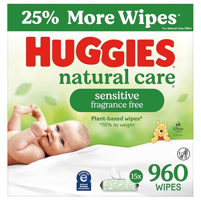 Huggies Natural Care Sensitive Baby Wipes, Unscented, Hypoallergenic, 99% Purified Water, 15 Flip-Top Packs (960 Wipes Total)-BubblyBeeBaby