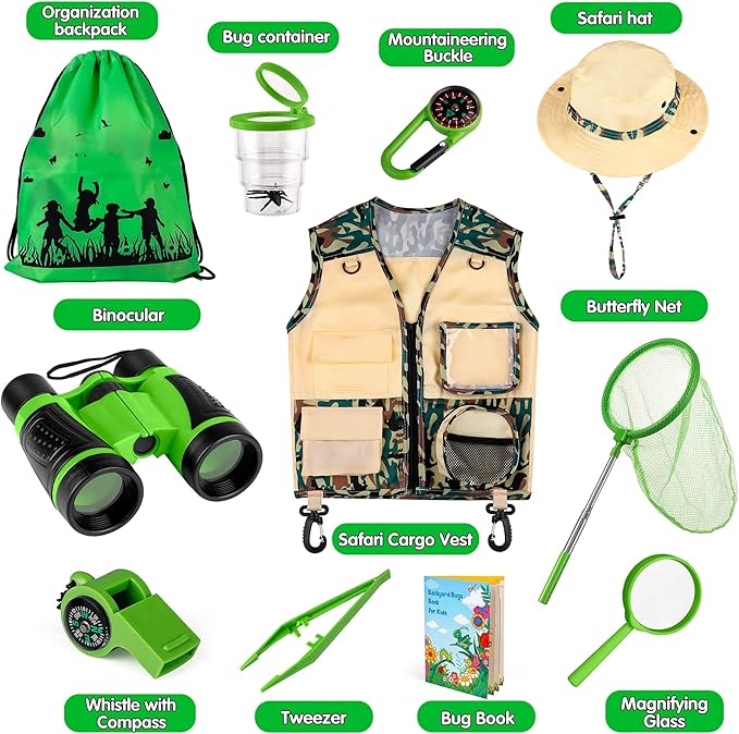 INNOCHEER Kids Explorer Kit & Bug Catcher Kit & Safari Costume Kit, Outdoor Exploration Set with Hat, Vest, Butterfly Net and Bugs Book for Boys Girls 3-12 Years Old (Camouflage Green)-BubblyBeeBaby
