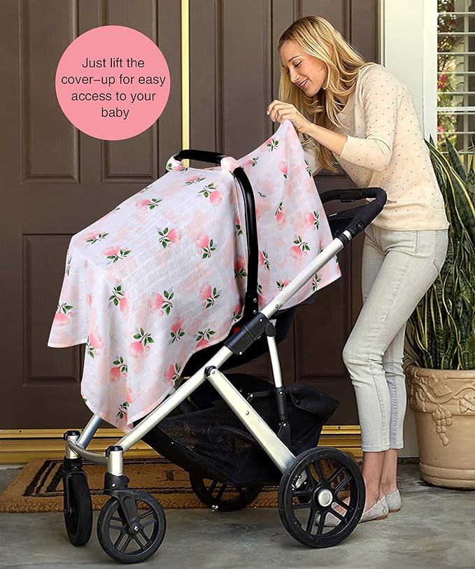 Rquite Car Seat Covers for Babies - 100% Muslin, Lightweight, Soft, Breathable Baby Carrier Cover - Summer Stroller Canopy (Pink Flower)-BubblyBeeBaby